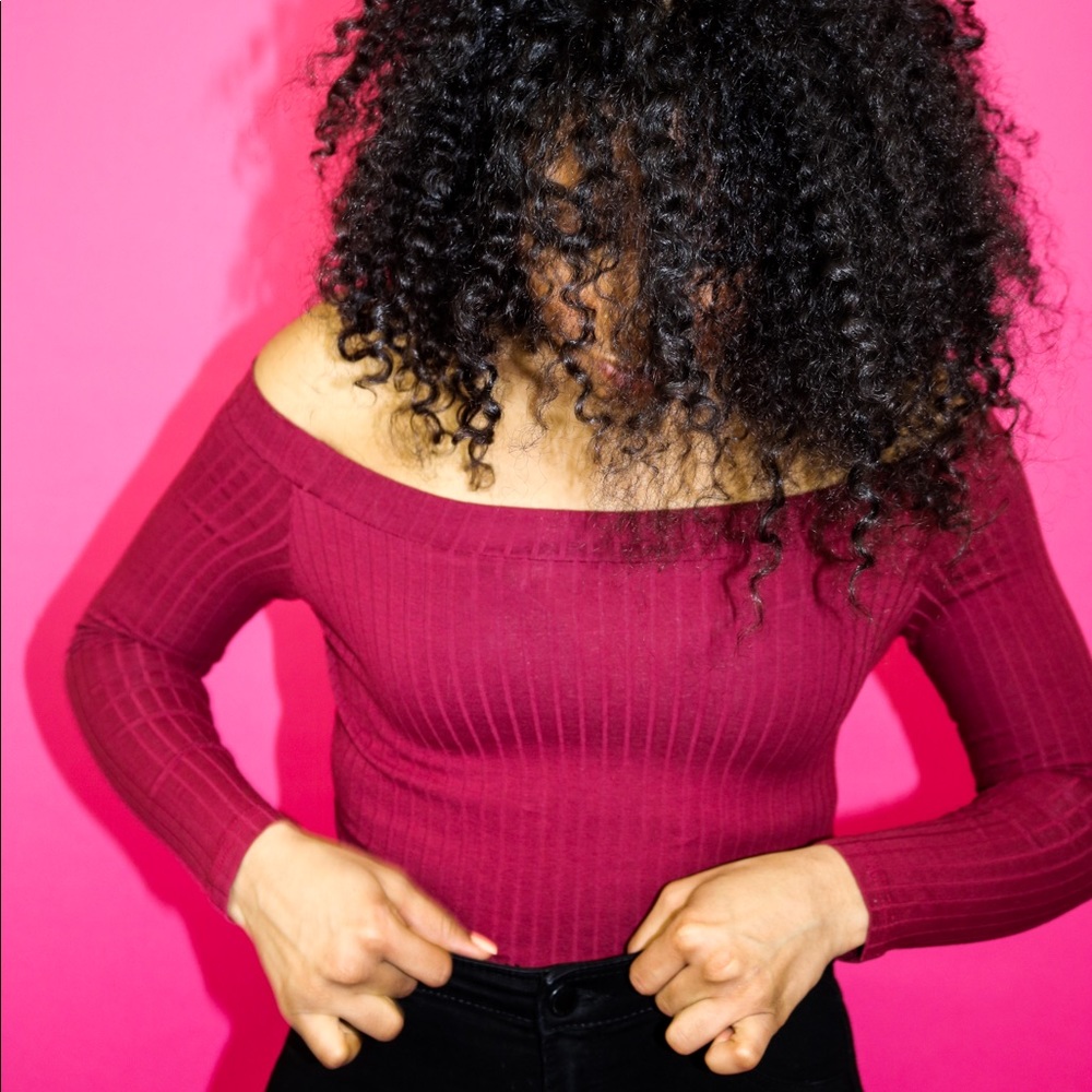 Ribbed Burgundy Off The Shoulder Crop Top